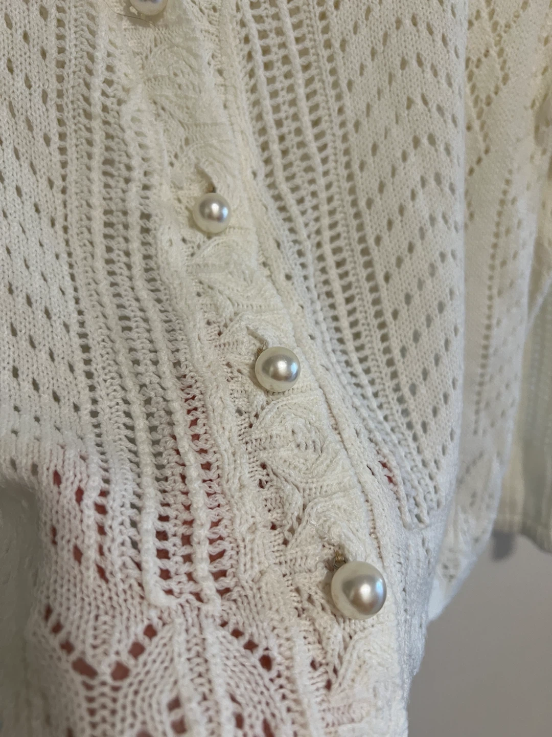 White pointelle knit cardigan with pearl buttons - photo 4