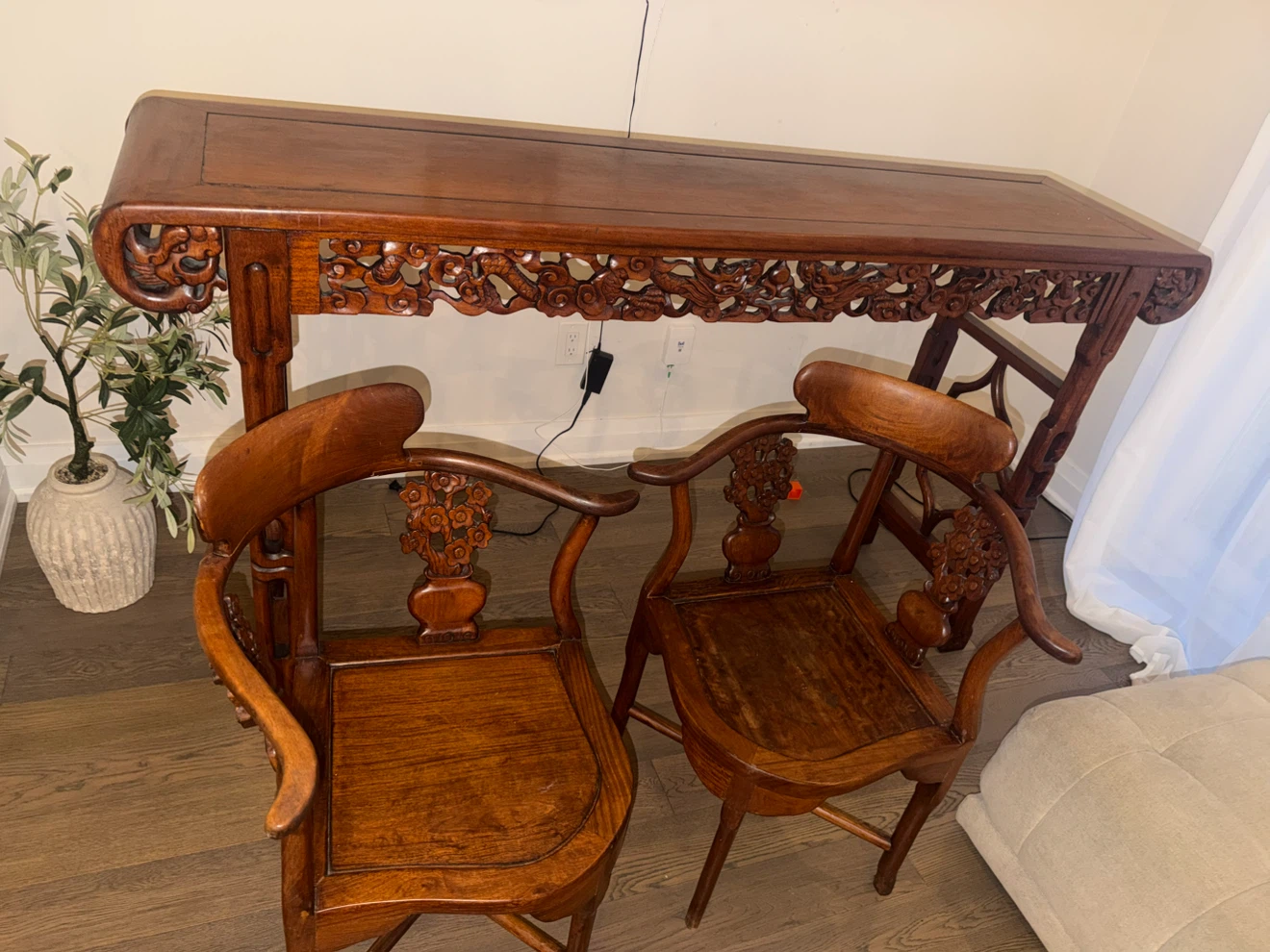 Vintage Carved Wooden Console Table and Chairs Set