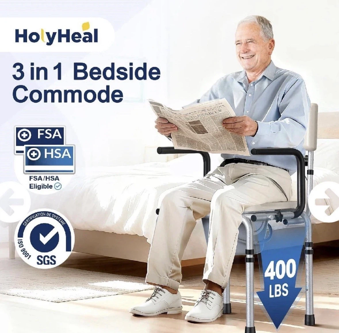 Drop Arm Bedside Commode, Commode Toilet- Padded SeatBackrest - photo 2