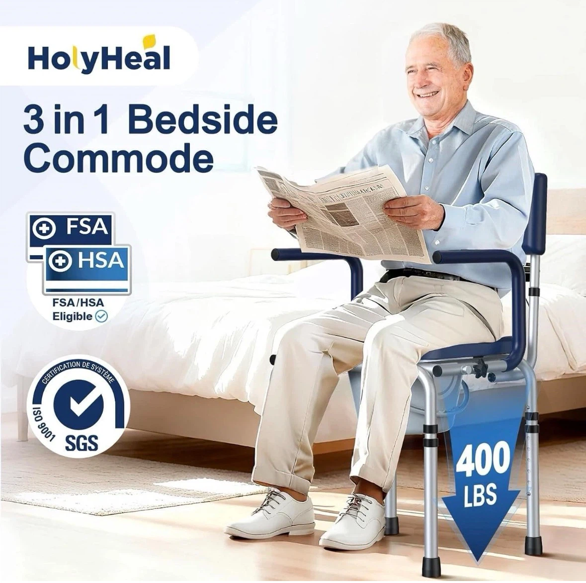 Drop Arm Bedside Commode Portable Toilet Seat Backrest 400lb - photo 2