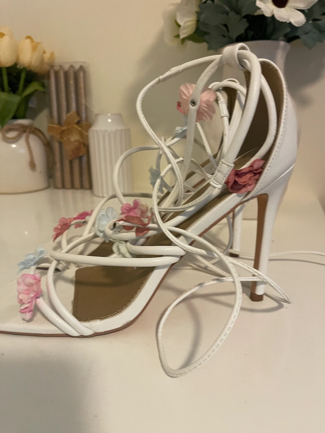 Fashion Nova White Strappy Heels with Floral Embellishments
