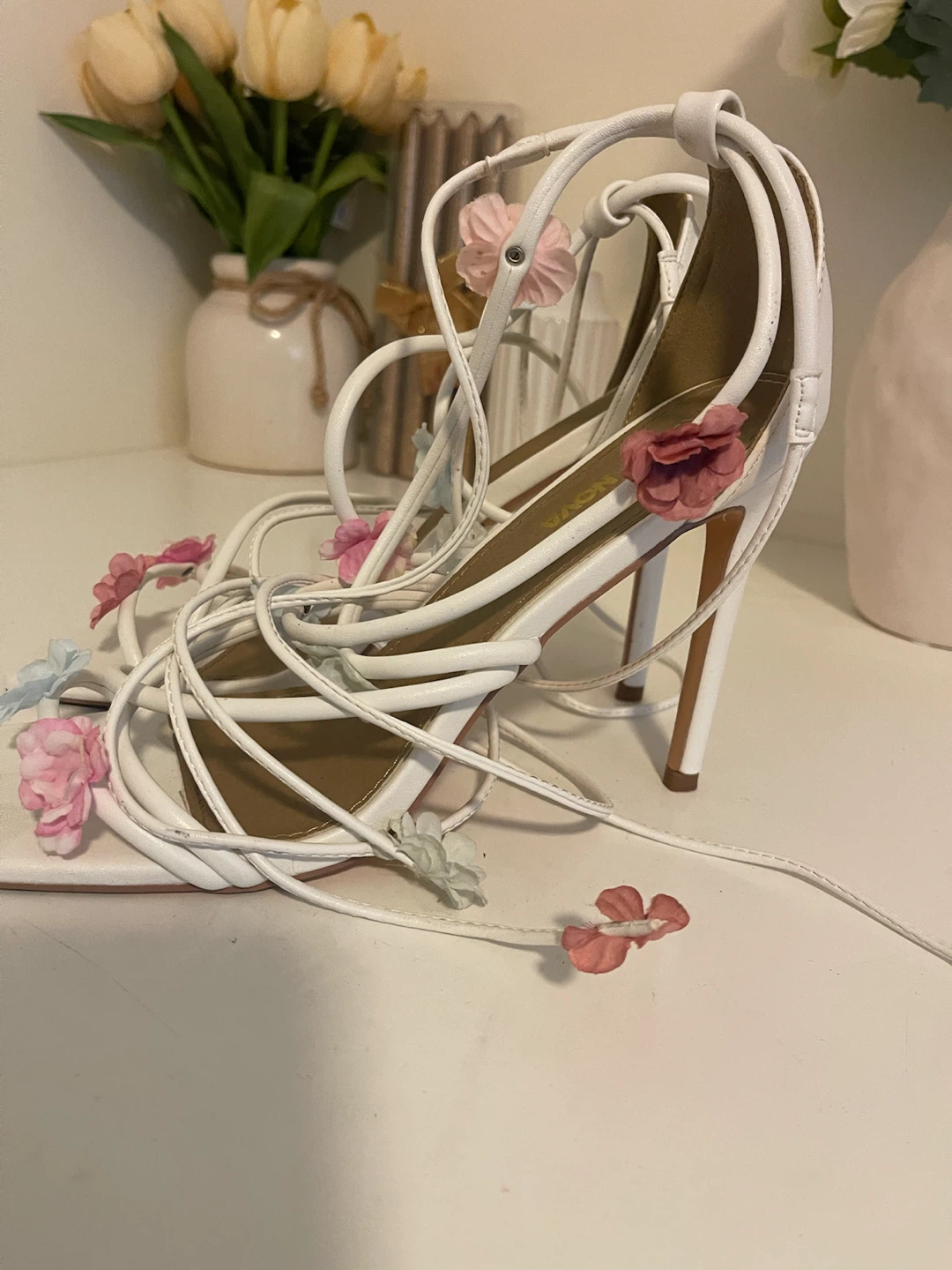 Fashion Nova White Strappy Heels with Floral Embellishments - photo 2
