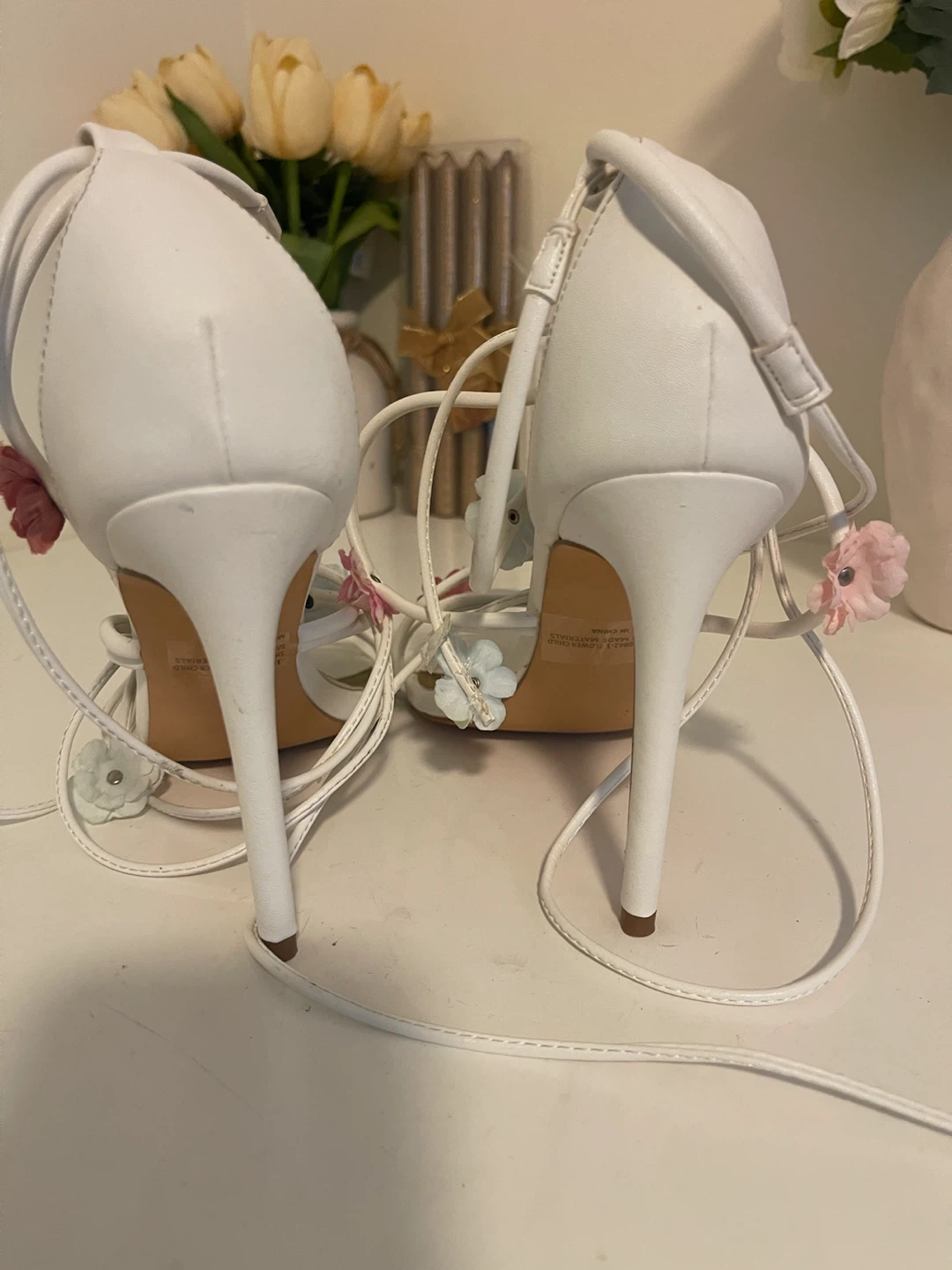 Fashion Nova White Strappy Heels with Floral Embellishments - photo 3