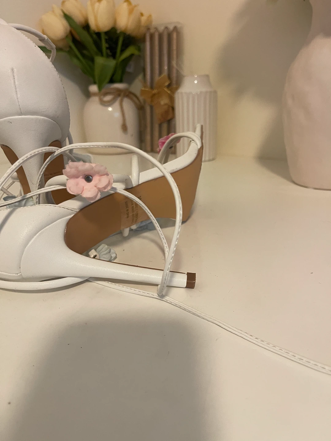 Fashion Nova White Strappy Heels with Floral Embellishments - photo 4