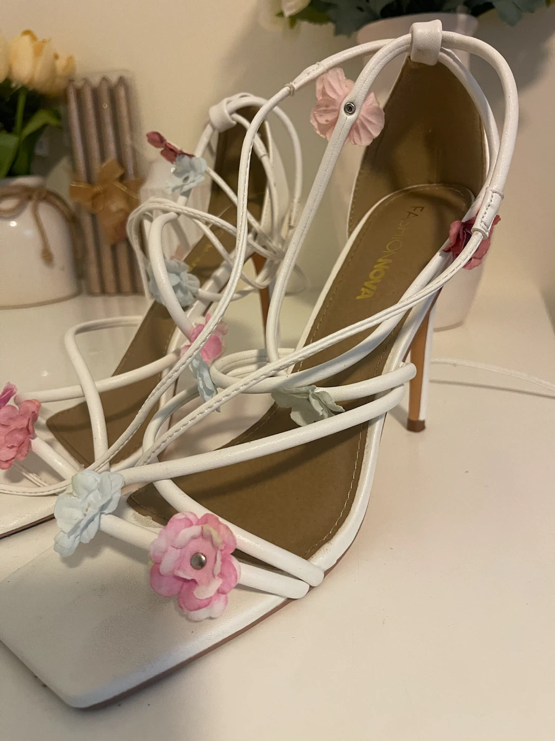 Fashion Nova White Strappy Heels with Floral Embellishments - photo 5