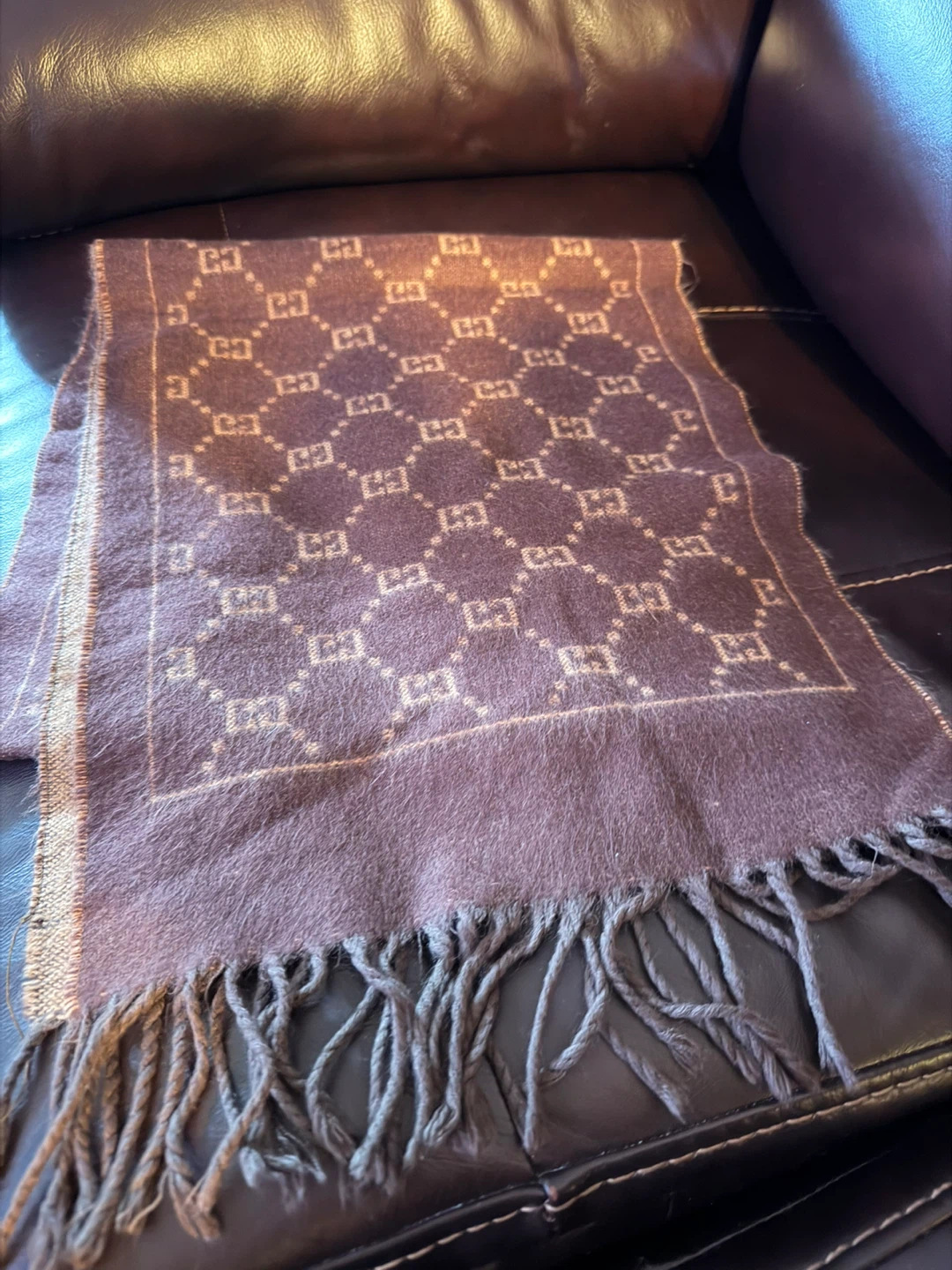Brown & Tan GG Monogram Scarf with Fringe vintage EUC