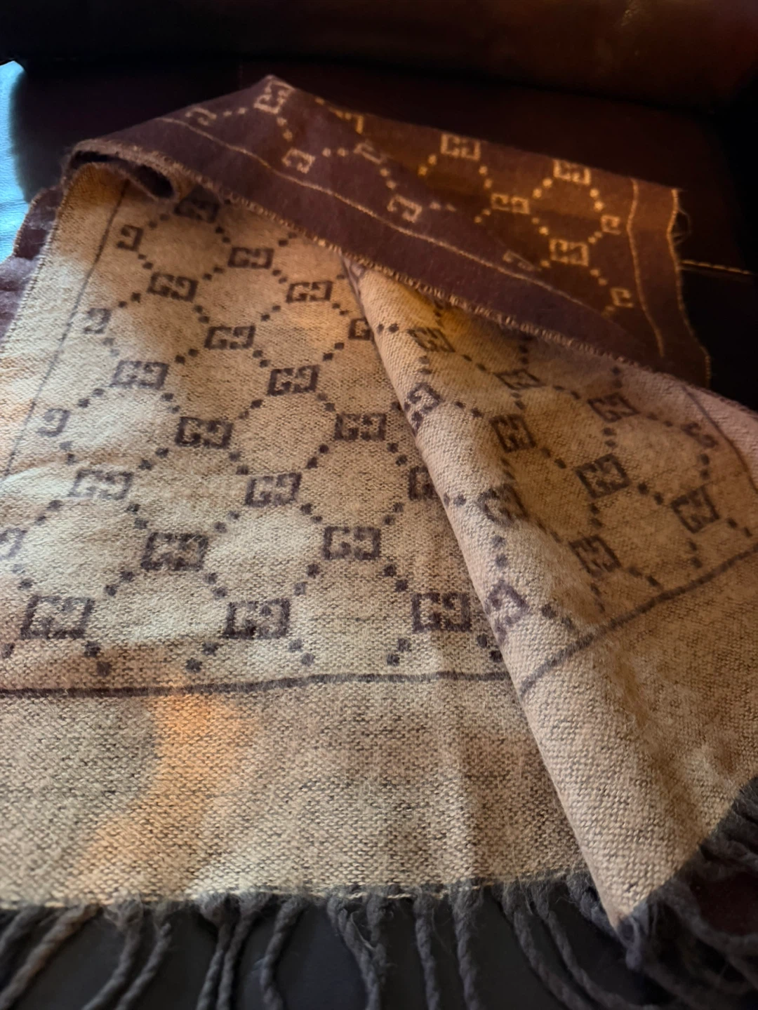 Brown & Tan GG Monogram Scarf with Fringe vintage EUC - photo 3