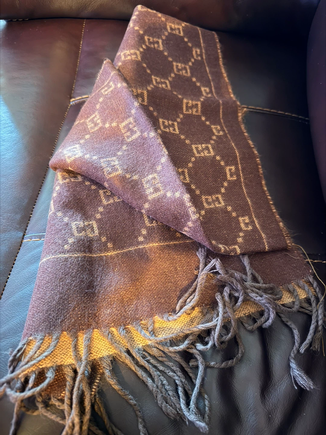 Brown & Tan GG Monogram Scarf with Fringe vintage EUC - photo 5