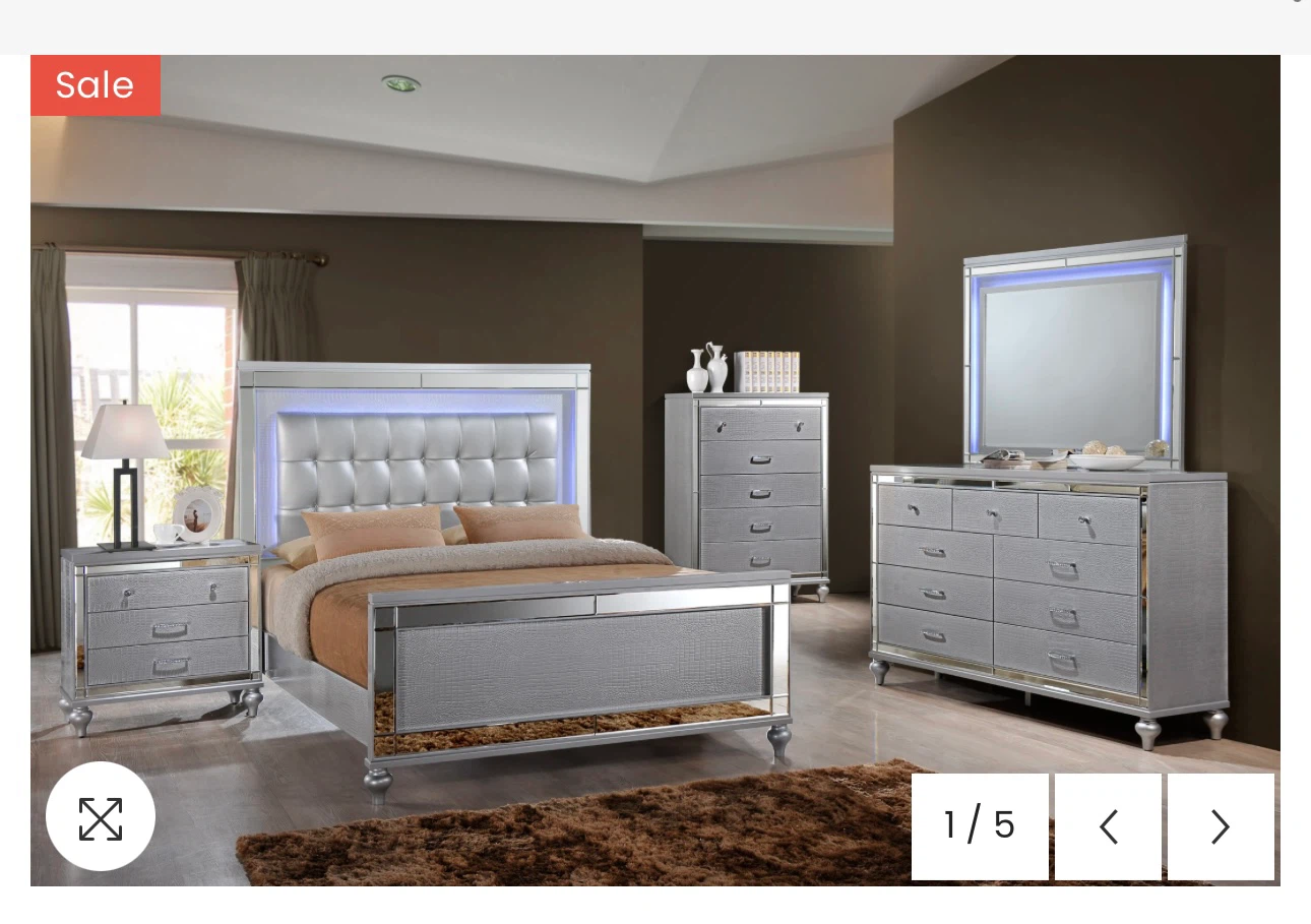 Silver Bedroom Set Valentino- Queen Bed, Dressers, Mirror