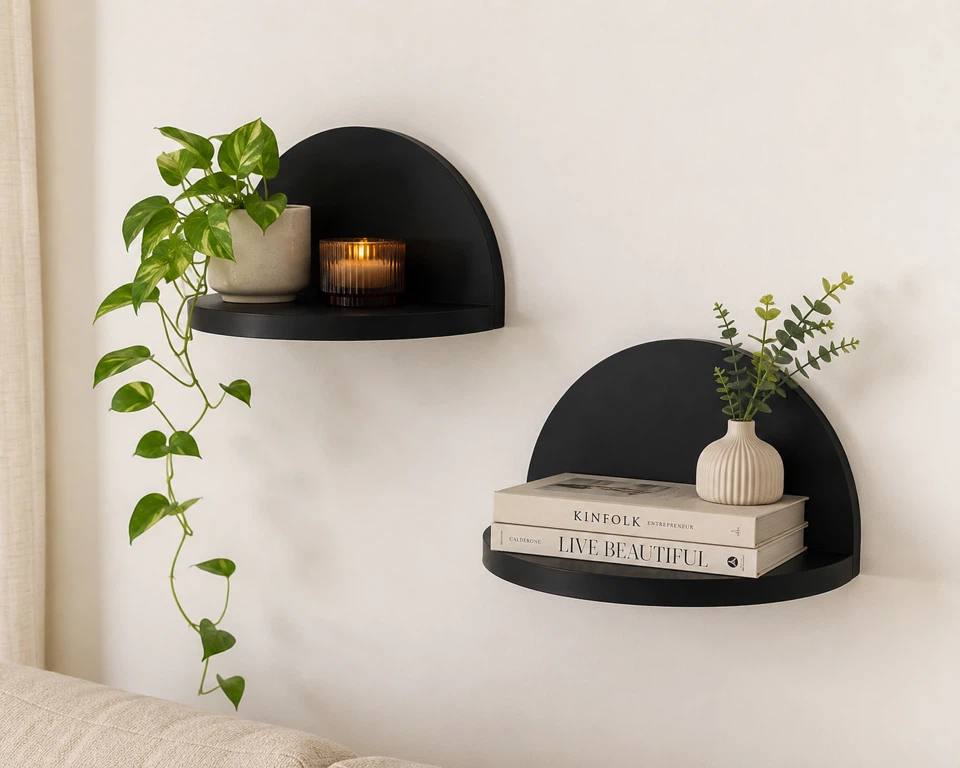 Minimalist Black Half-Moon Floating Wall Shelves – Set of 2