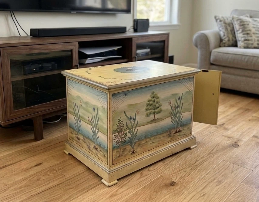 Vintage Hand-Painted Tray Table Set with Storage Chest