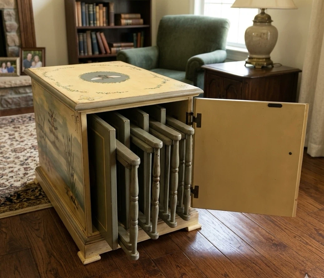 Vintage Hand-Painted Tray Table Set with Storage Chest - photo 4