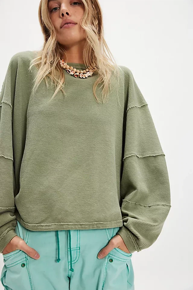 Free People Green Ribbed Oversized Sweatshirt