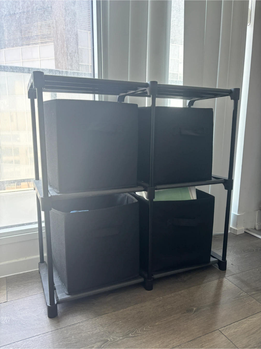 MOVING OUT SALE 4-Cube Storage Shelf with Black Fabric Bins