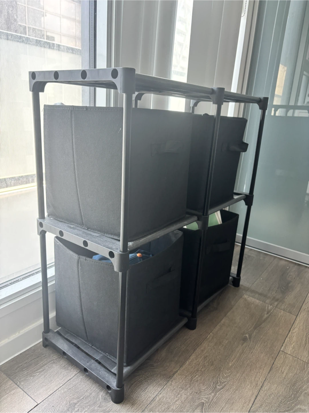 MOVING OUT SALE 4-Cube Storage Shelf with Black Fabric Bins - photo 2