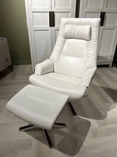White Leather Lounge Chair and Ottoman Set