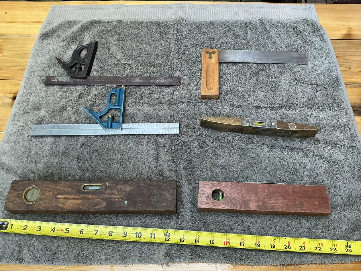 2 Vintage Combination Squares, 1 Wood Handle Square & 3 Levels