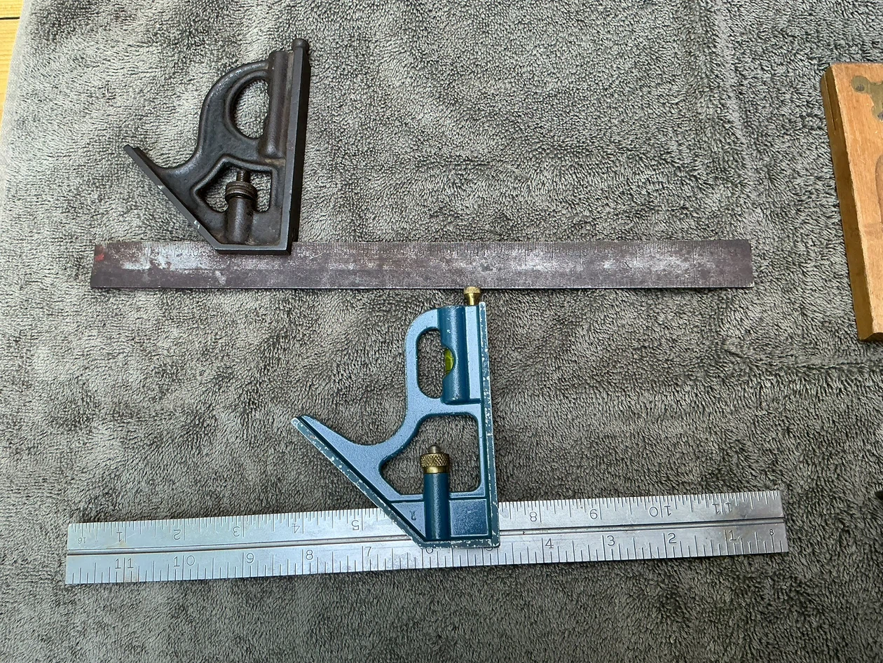 2 Vintage Combination Squares, 1 Wood Handle Square & 3 Levels - photo 3