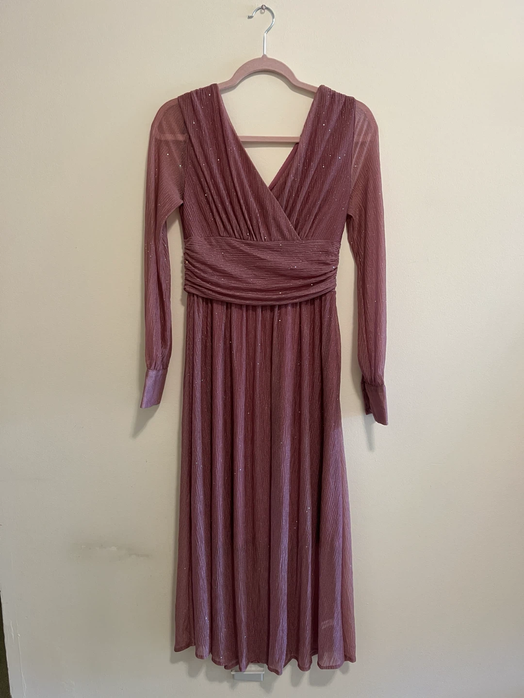 Sparkly mauve long sleeve pleated maxi dress