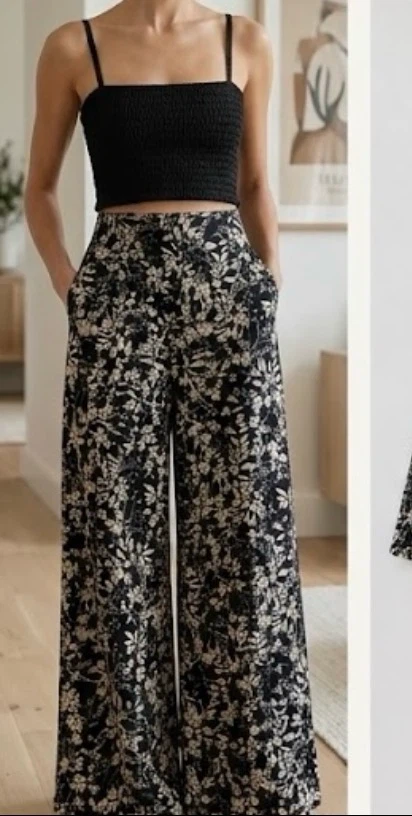 Black Floral Print Wide-Leg Pants and Smocked Tube Top Set