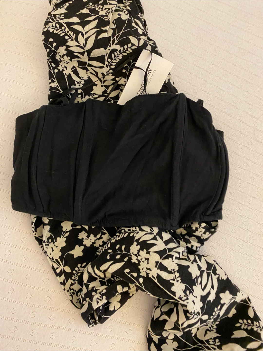 Black Floral Print Wide-Leg Pants and Smocked Tube Top Set - photo 3