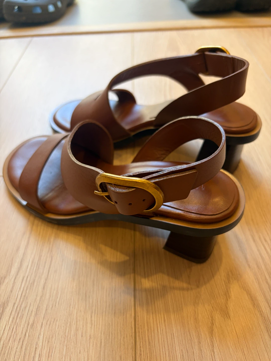 Massimo Dutti Brown Leather Block Heel Sandals