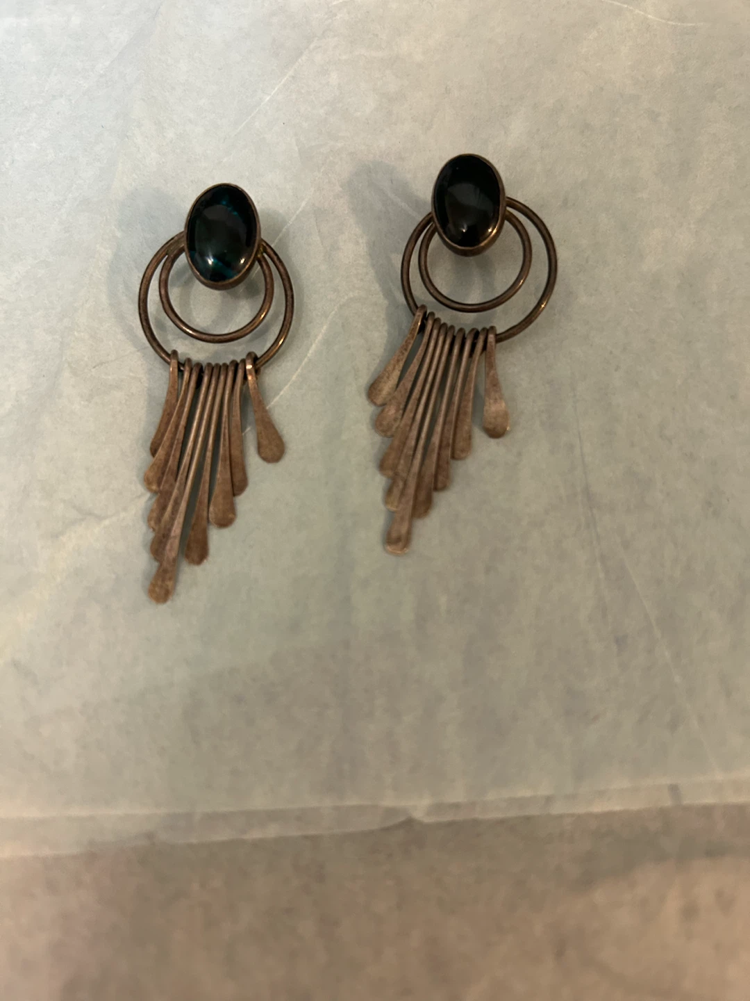 Art Deco Style Dangle Earrings with Dark Green Stones