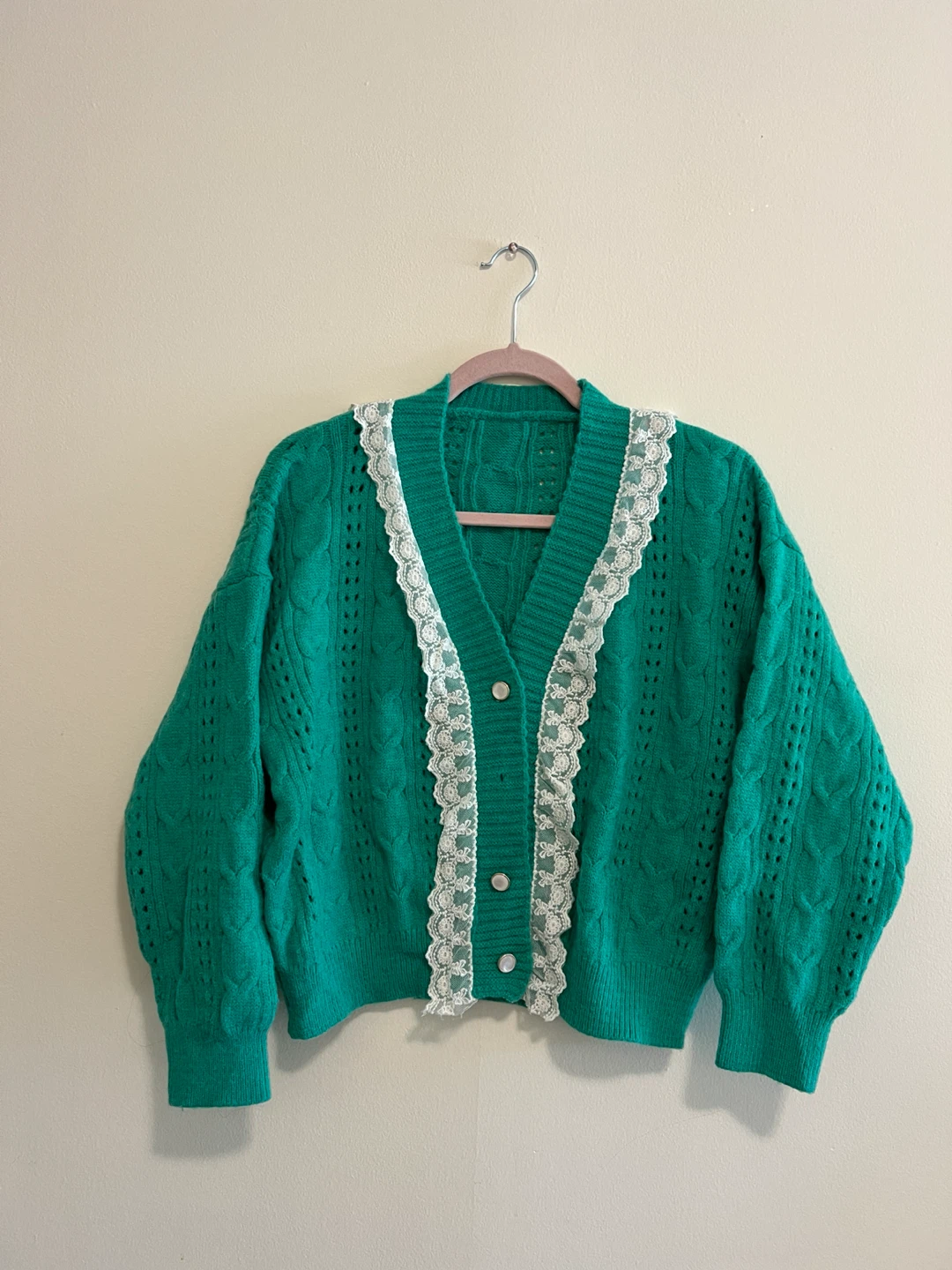 Green cable knit cardigan with lace trim