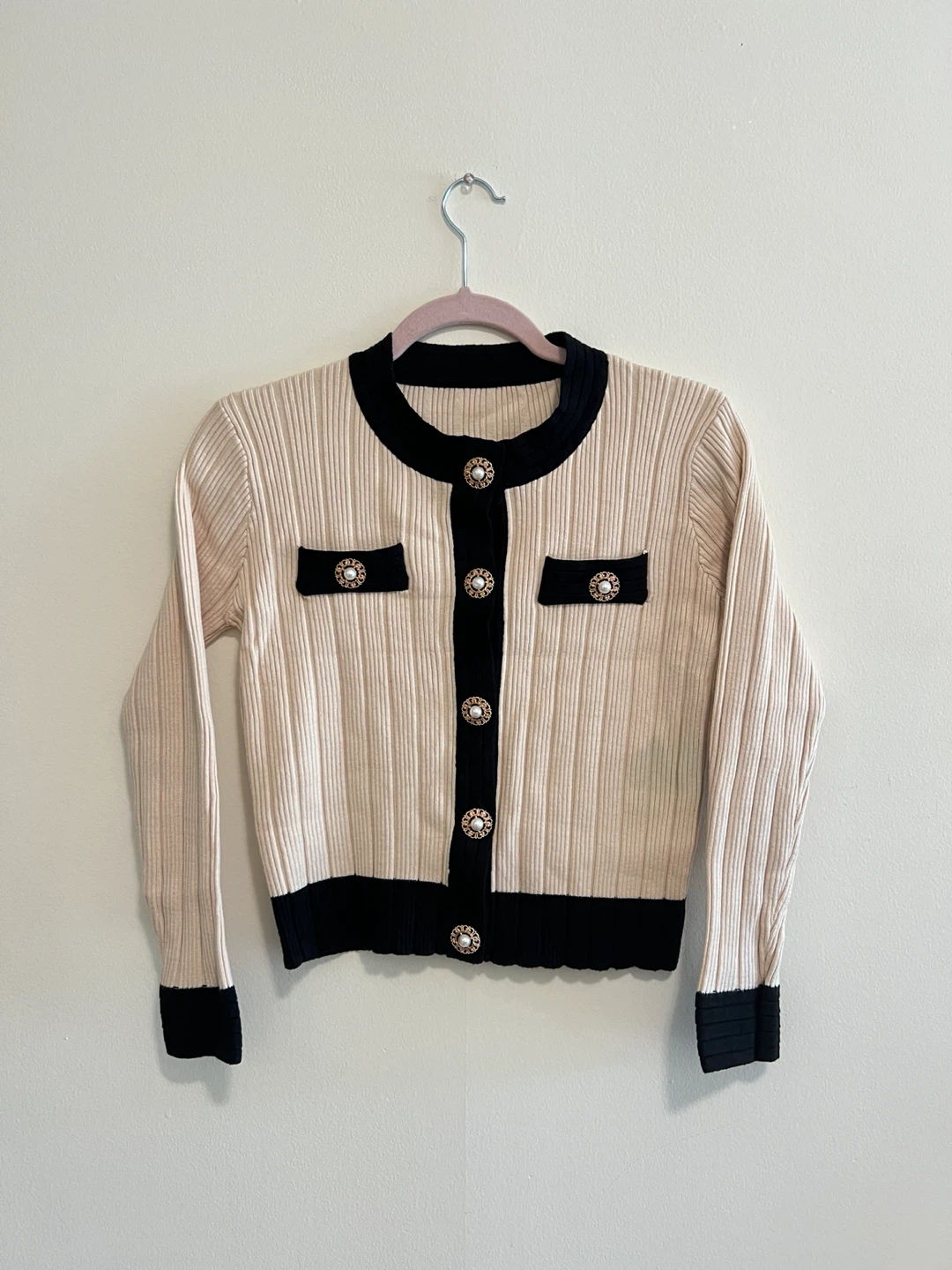 Cream and black rib knit cardigan