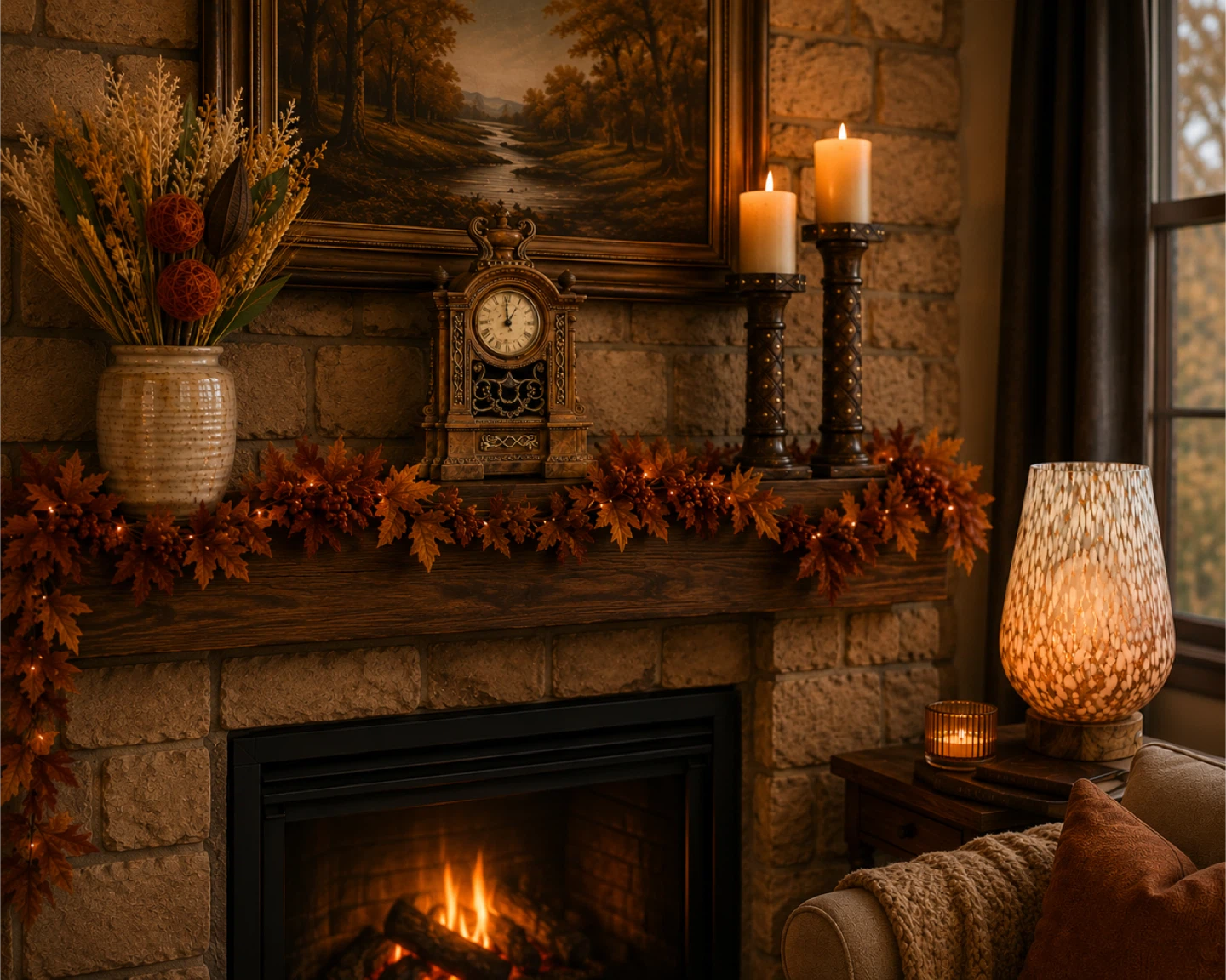 Fall Collection: Clock, pedestal candle holders, bouquet, lamp
