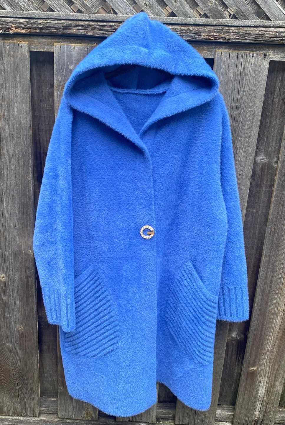 Blue Wool Blend Hooded Coat with Pearl G Button, Medium