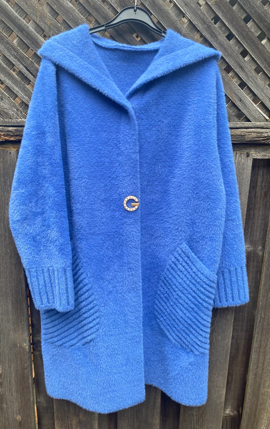 Blue Wool Blend Hooded Coat with Pearl G Button, Medium - photo 2