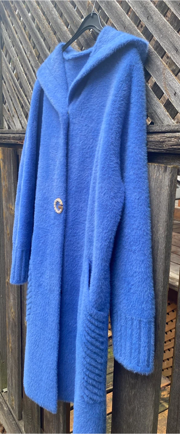 Blue Wool Blend Hooded Coat with Pearl G Button, Medium - photo 3