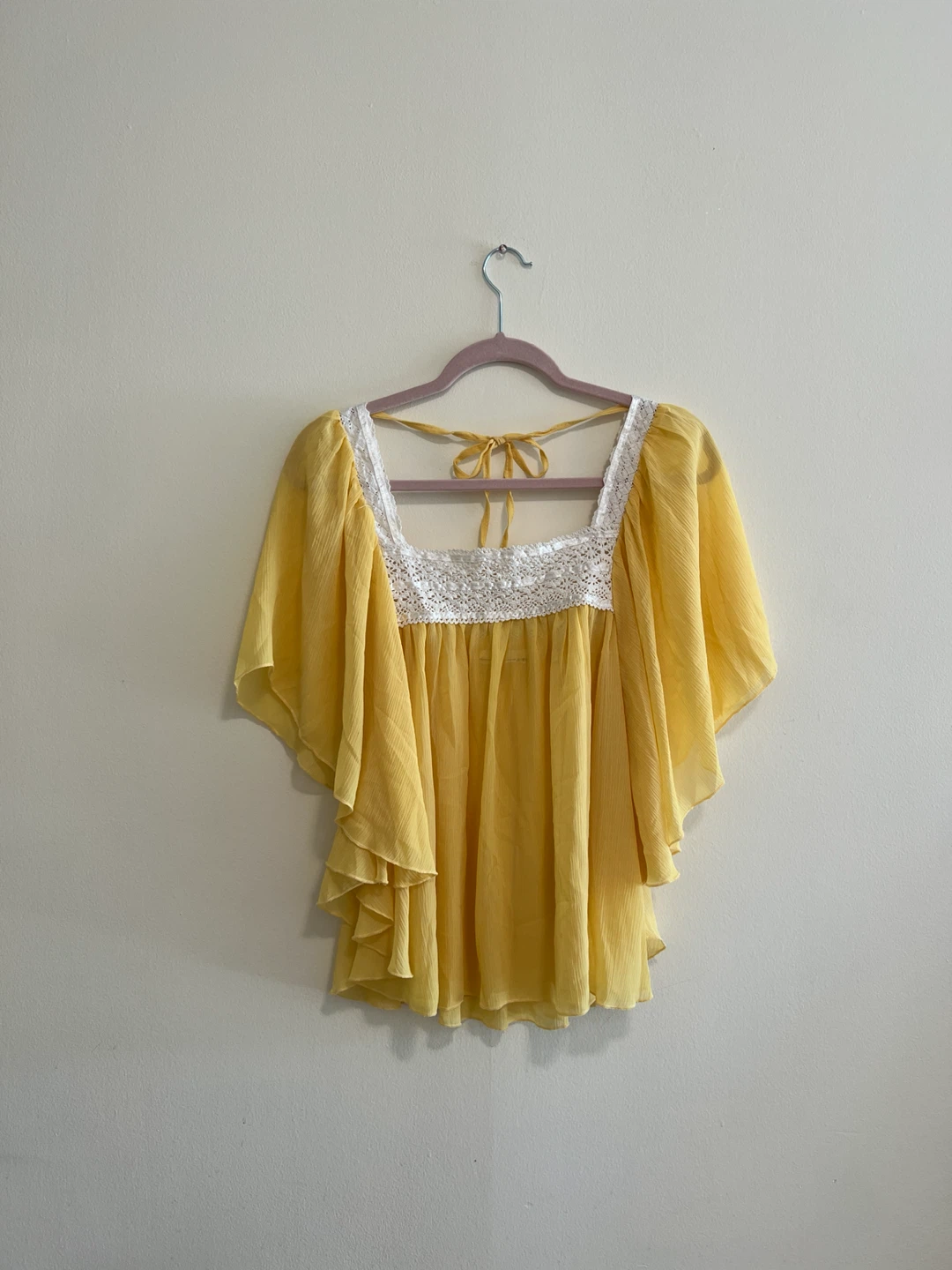 Yellow Flutter Sleeve Blouse with White Lace Trim