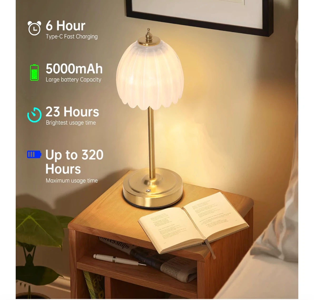 White and Gold Cordless Table Lamp
