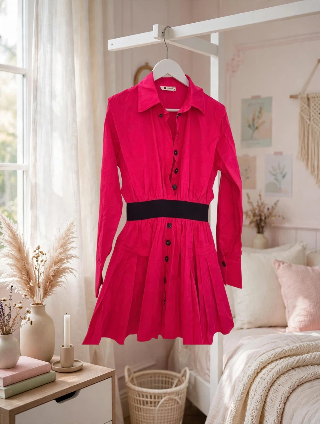 Hot Pink Shirt Dress with Black Belt