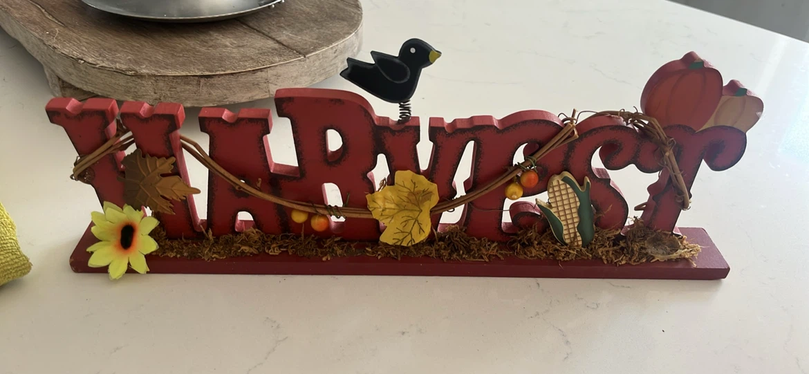 Wooden "HARVEST" Tabletop Sign with Fall Decorations