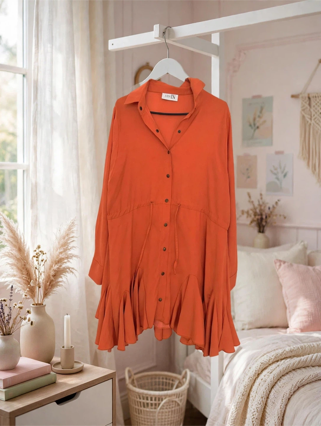 Orange Ruffle Hem Tunic Shirt