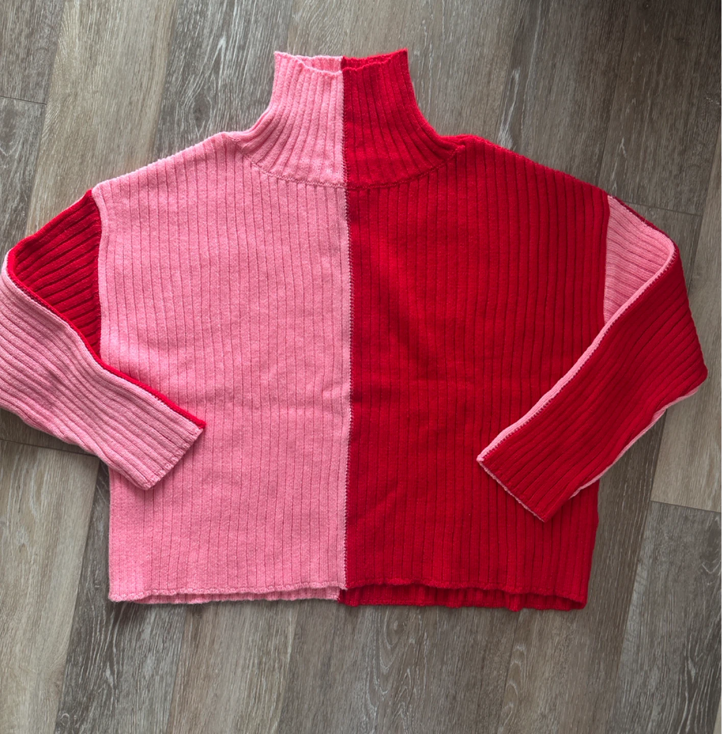 ASOS DESIGN Pink and Red Colorblock Ribbed Knit Sweater Petite S