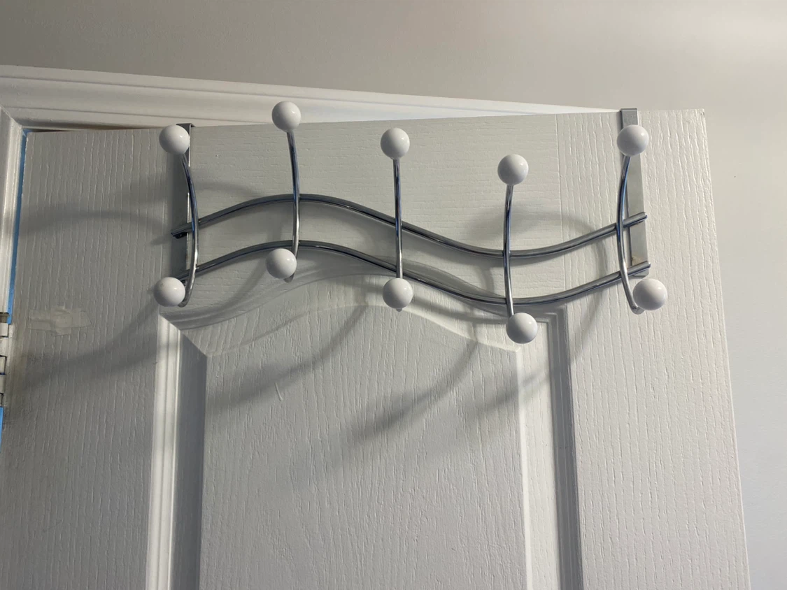 Chrome Over the Door Hook Rack with White Tips