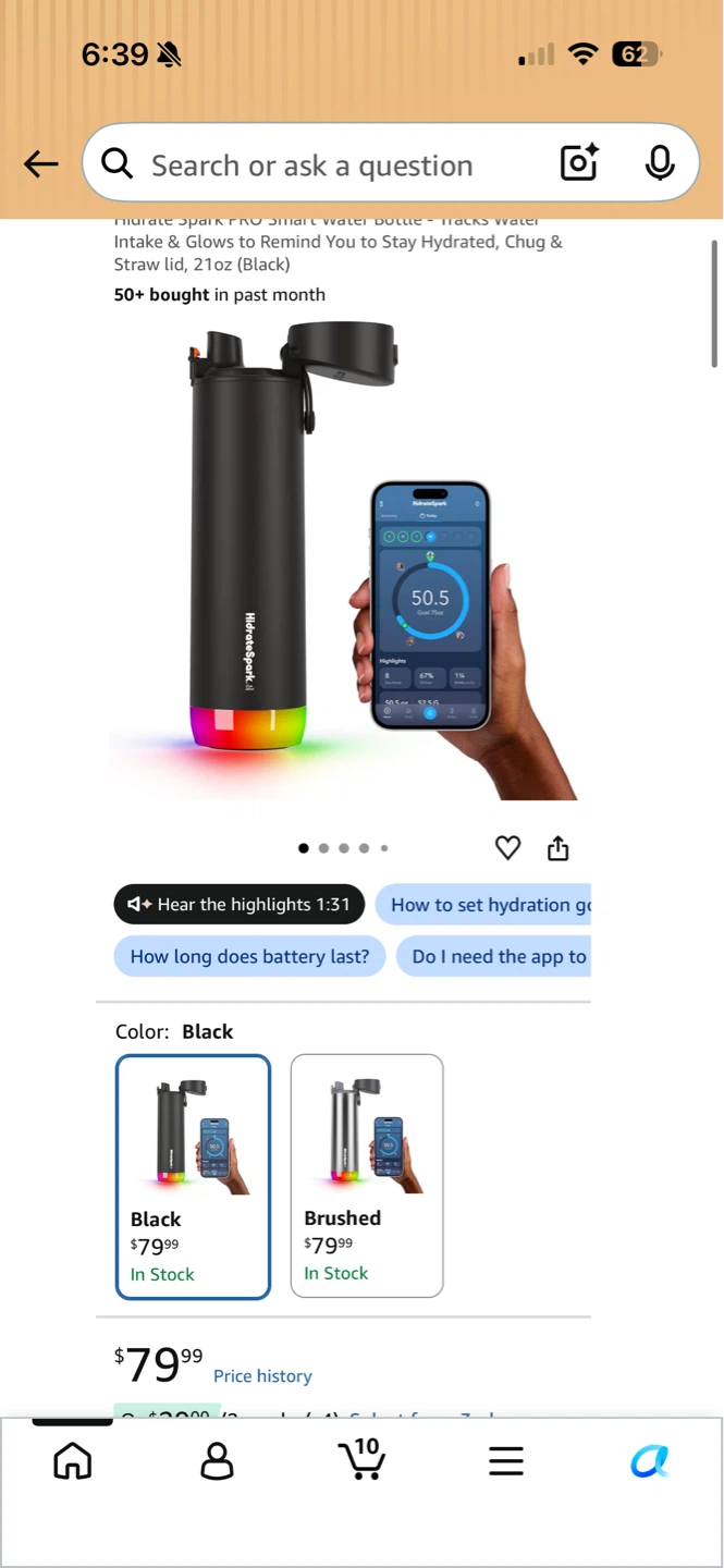 HidrateSpark PRO Smart Water Bottle 21oz Black