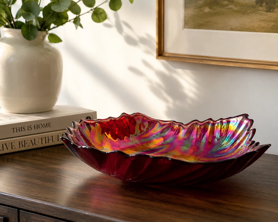Large Iridescent Cranberry Art Glass Decorative Bowl