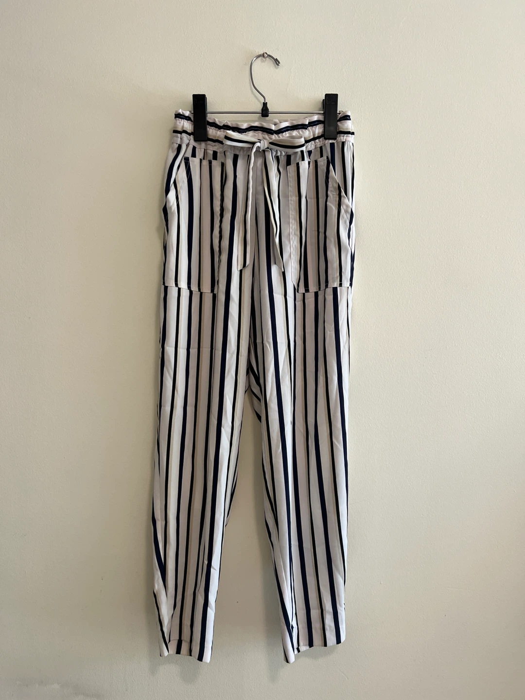 Navy and white striped paperbag pants