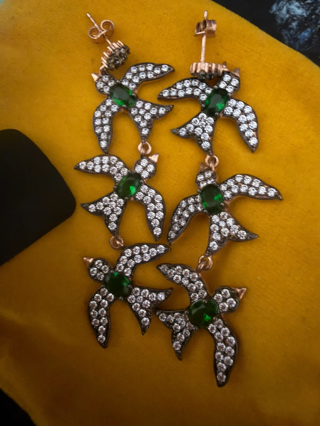Sterling silver 925 bird drop earrings with green stones