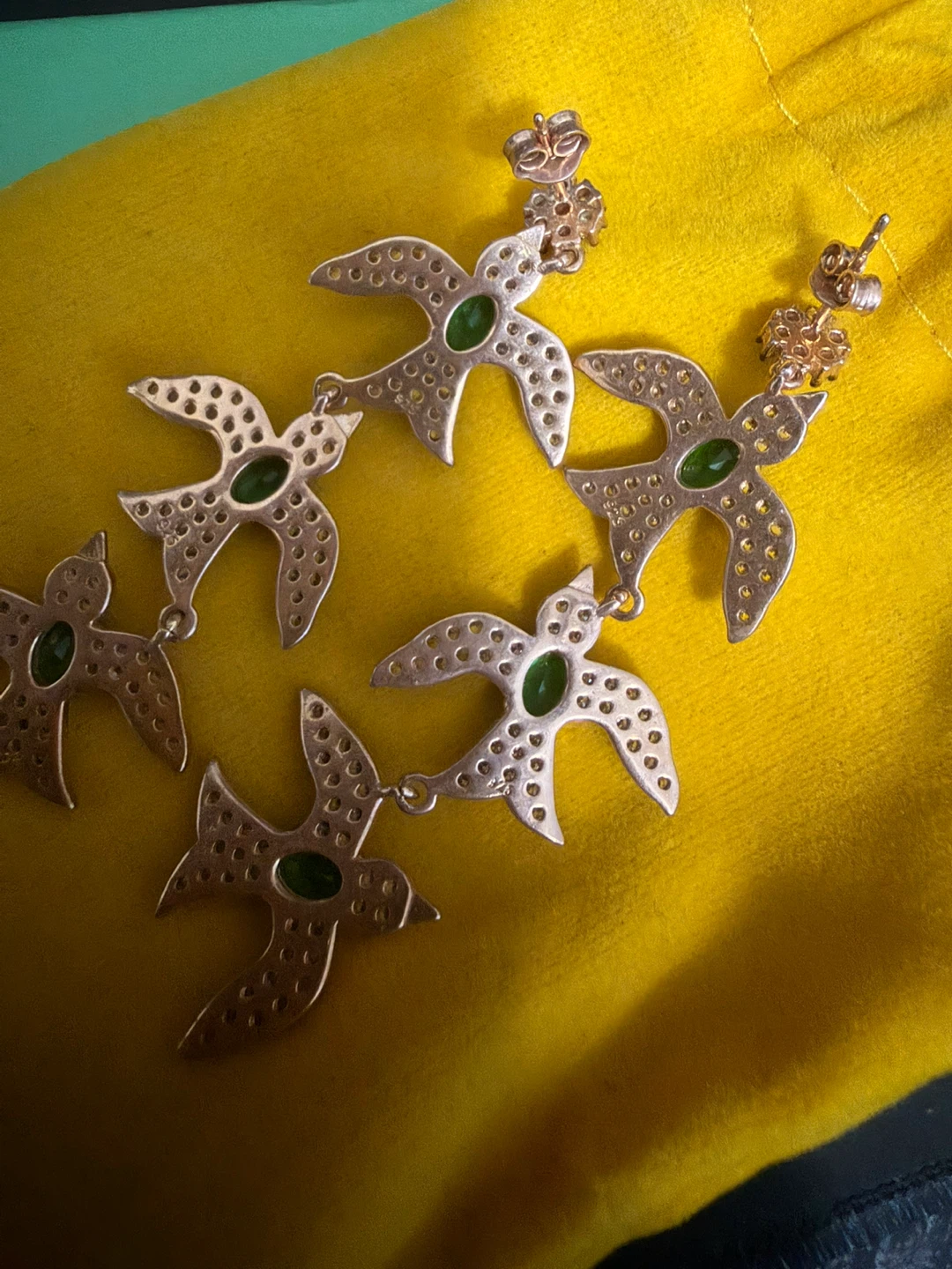 Sterling silver 925 bird drop earrings with green stones - photo 3