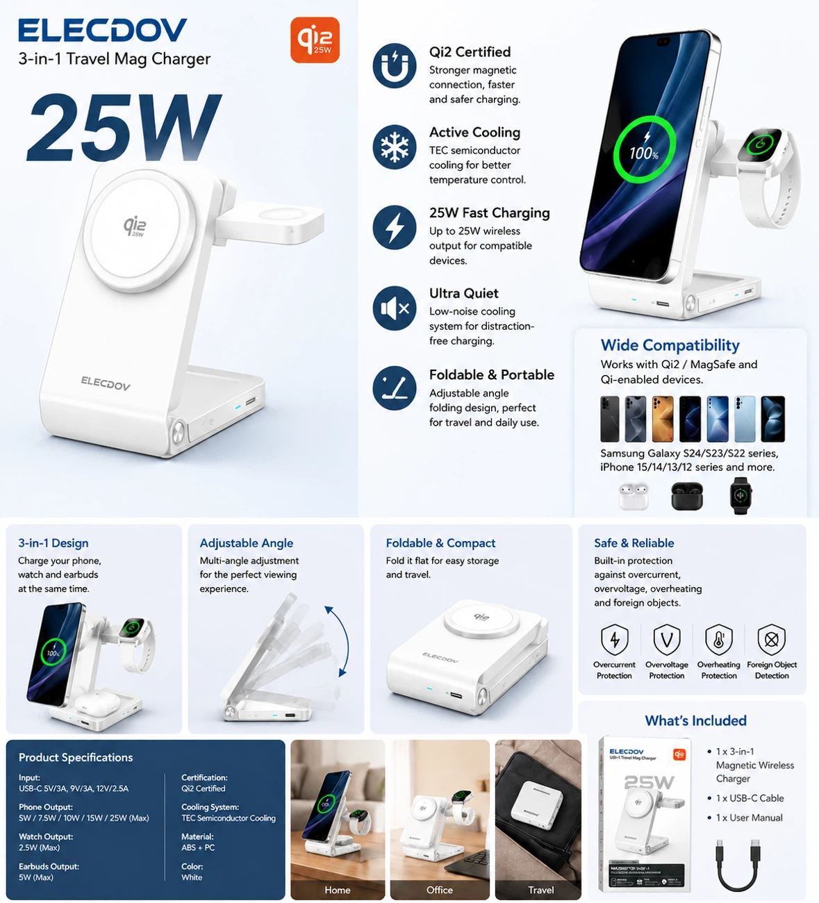 ELECDOV 25W 3-in-1 Travel Magnetic Wireless Charger - White