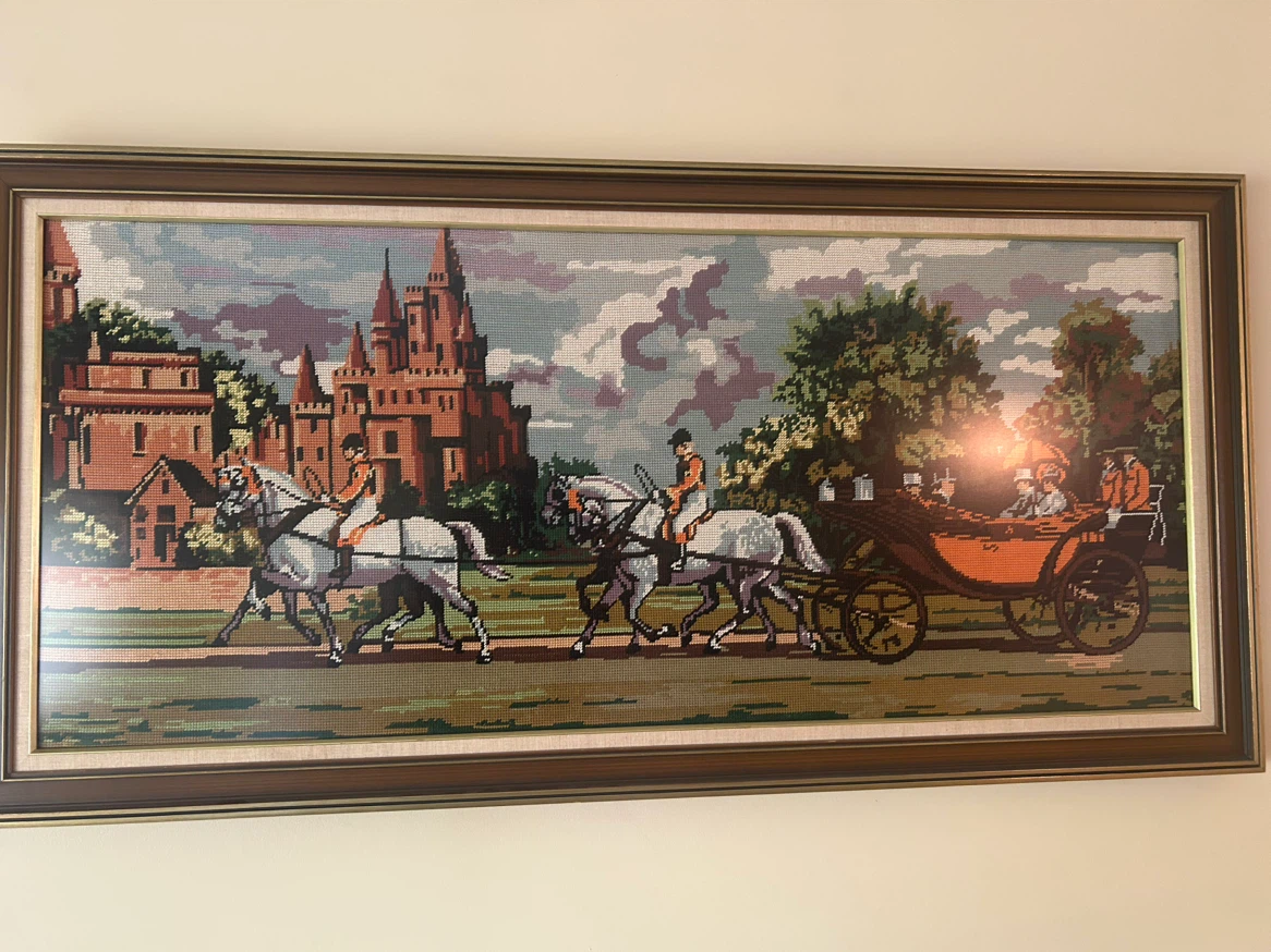 Framed Needlepoint Art - Horse Carriage Scene