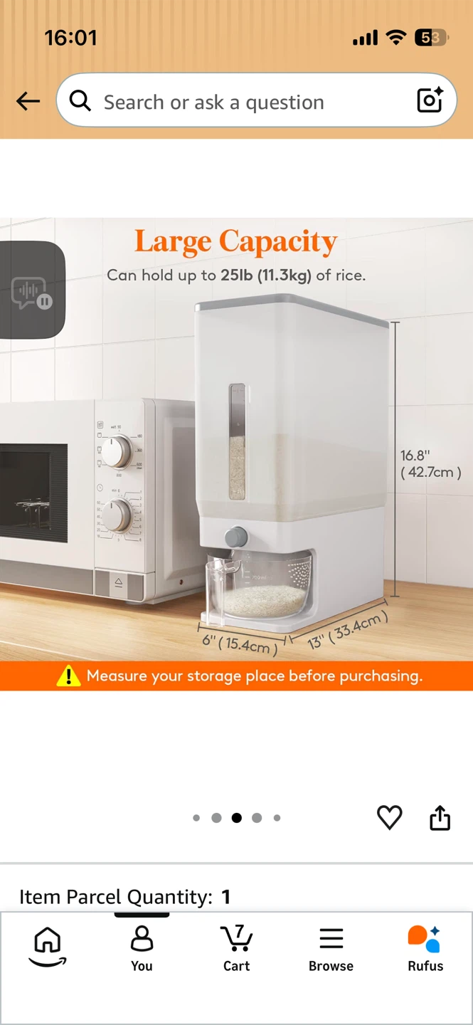 (-Aug30) White Rice Dispenser Container 25.4 Lbs - photo 2