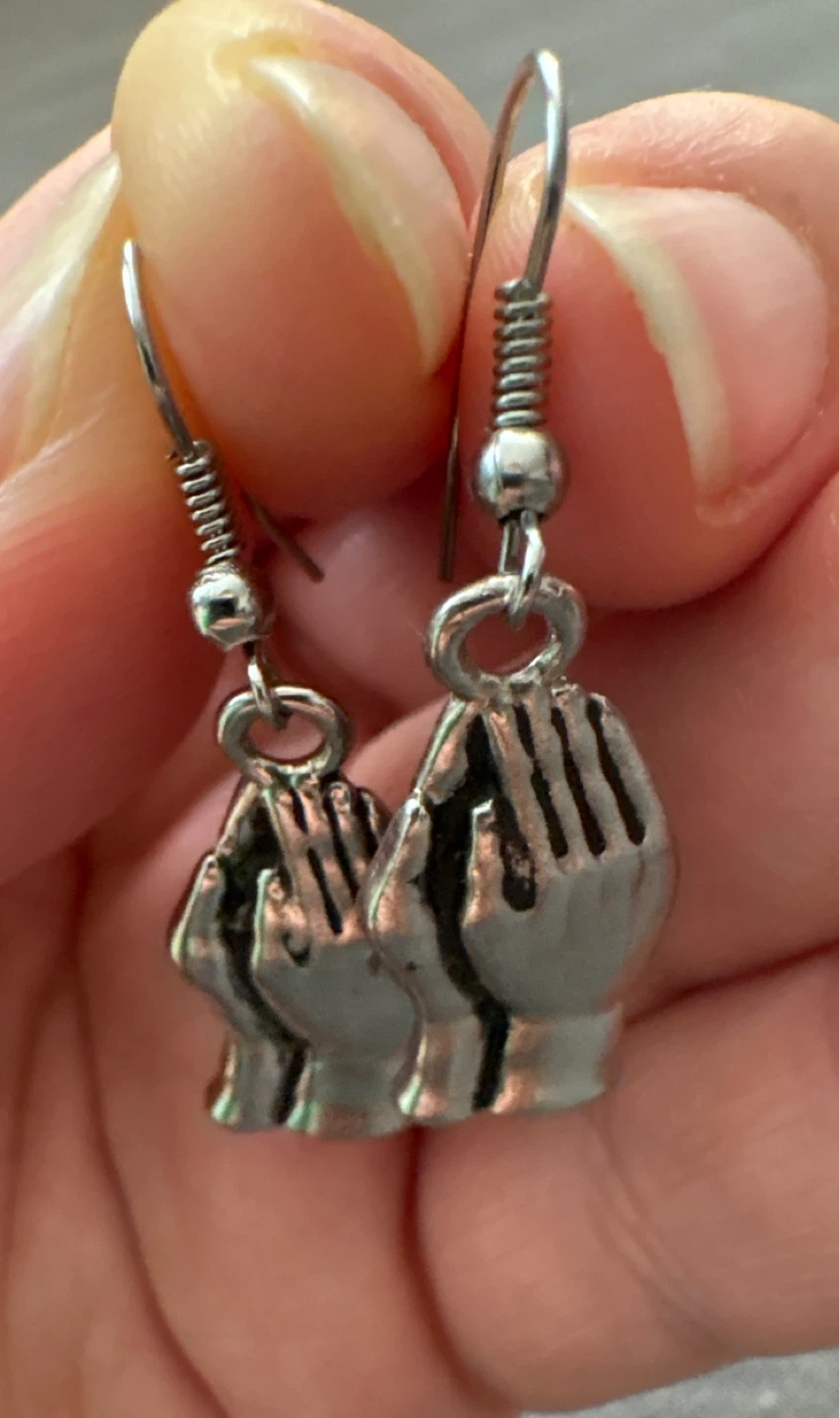 Silver Tone Praying Hands Dangle Earrings