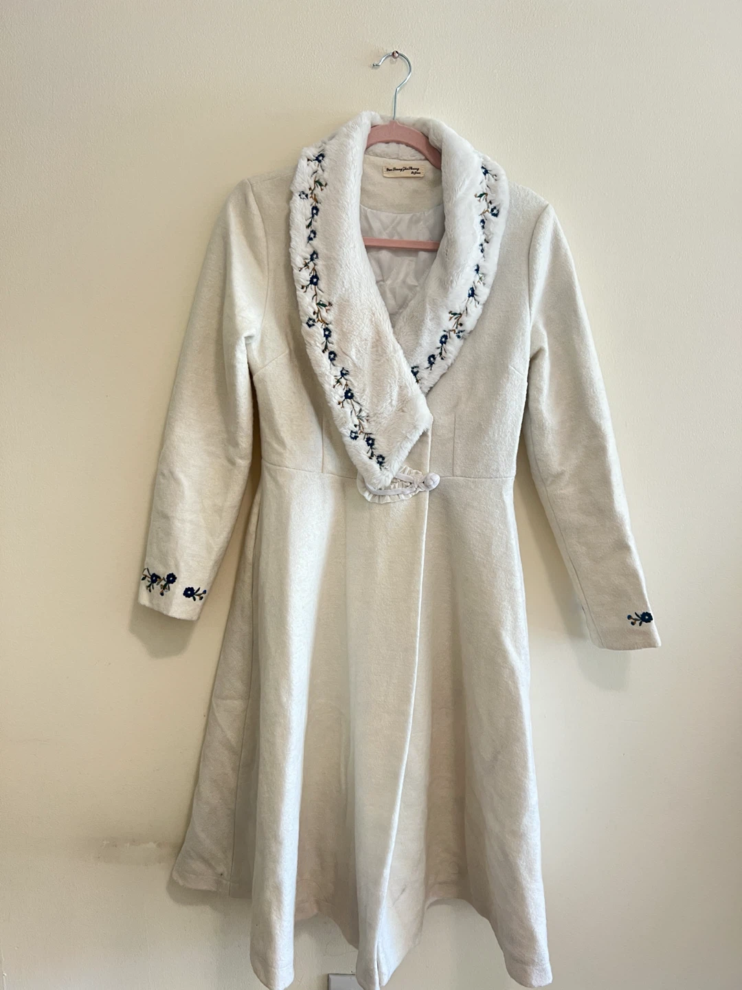 Blue Embroidery Faux Fur Collar Coat